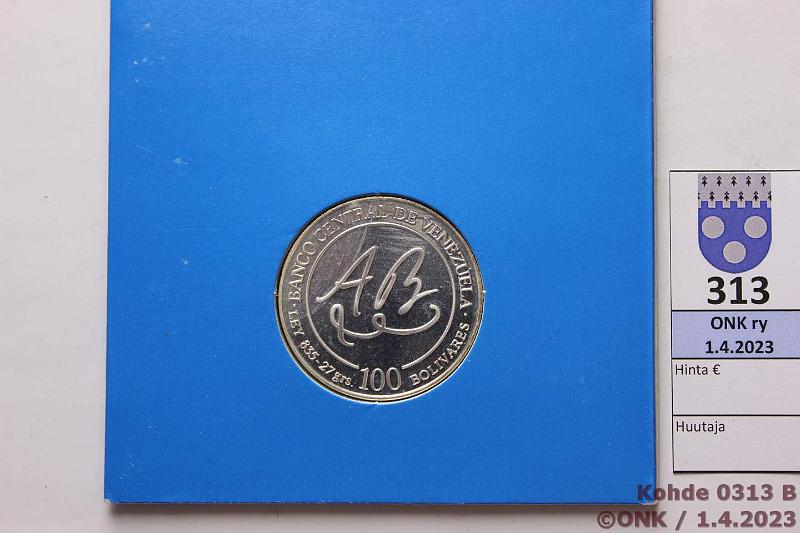 k-0313-b.jpg - Kohde 313 (kuva 2/2), lhthinta: 12 € / myyntihinta: 16 € Venezuela 100 bol 1981 Y#57 Ag, Proof, 27g/835 Birth of Andres Bello, kortissa, kunto: 10