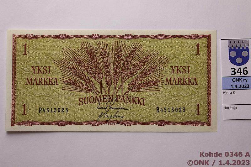 k-0346-a.jpg - Kohde 346, lhthinta: 8 € / myyntihinta: 17 € 1 mk 1963 SNY 114.1.1 R4513023 LEI-Eng, painauma, kunto: 9