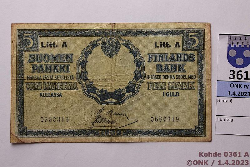 k-0361-a.jpg - Kohde 361, lhthinta: 5 € / myyntihinta: 5 € 5 mk 1909 LA SNY 130.8.1 0660319 BA I-Ml, ei vesileimaa, likapisteit, pehme, kunto: 3