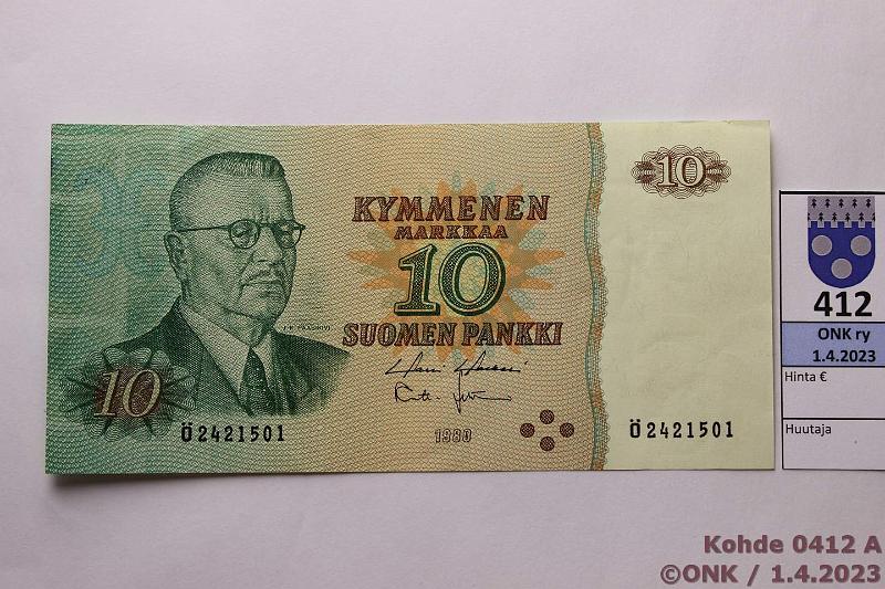 k-0412-a.jpg - Kohde 412, lhthinta: 90 € / myyntihinta: 120 € 10 mk 1980 SNY 147.1.1 2421501 HOL-Leh, paksu paperi, paino 1,03g (norm. 0,78-0,82g), kunto: 7