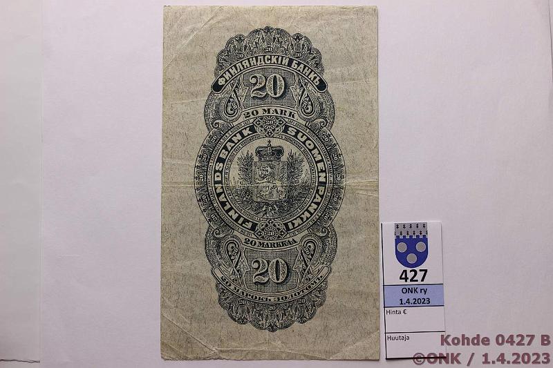 k-0427-b.jpg - Kohde 427 (kuva 2/2), l�ht�hinta: 100 &euro; / myyntihinta: 115 &euro; 20 mk 1898 SNY 154.1 1778188 COL-La2, kunto: 4