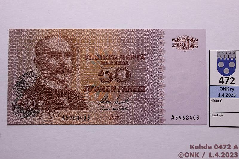 k-0472-a.jpg - Kohde 472, lhthinta: 15 € / myyntihinta: 20 € 50 mk 1977 SNY 171.1.1 A5968403 KO II-Ko1, kunto: 9