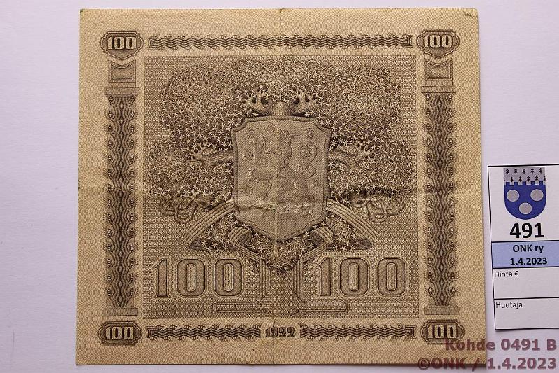 k-0491-b.jpg - Kohde 491 (kuva 2/2), l�ht�hinta: 250 &euro; / ei tarjouksia 100 mk 1922 LA SNY 178.2.2 K0762660 HEU-The, kova paperi, kunto: 5