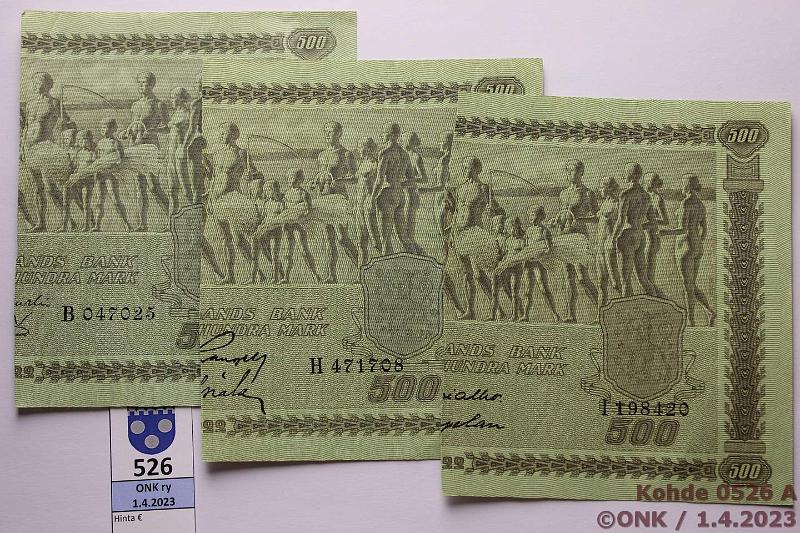 k-0526-a.jpg - Kohde 526, l�ht�hinta: 10 &euro; / myyntihinta: 44 &euro; 250 mk 1922 (3) 500mk oikeita puoliskoja, B.. tyyppi I, H.. t II, I.. t III. Kaikissa aaltovesileima eli tyyppi� SNY 189.3.x (Litt C). Eritt�in hyv�kuntoisia!, kunto: 7-8