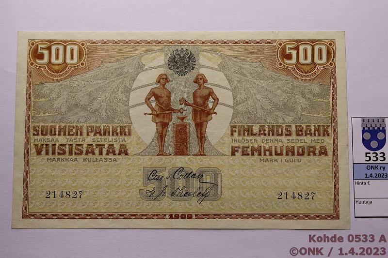 k-0533-a.jpg - Kohde 533 (kuva 1/2), lhthinta: 50 € / myyntihinta: 180 € 500 mk 1909 KV SNY 188.2 214827 COL-The, kunto: 6