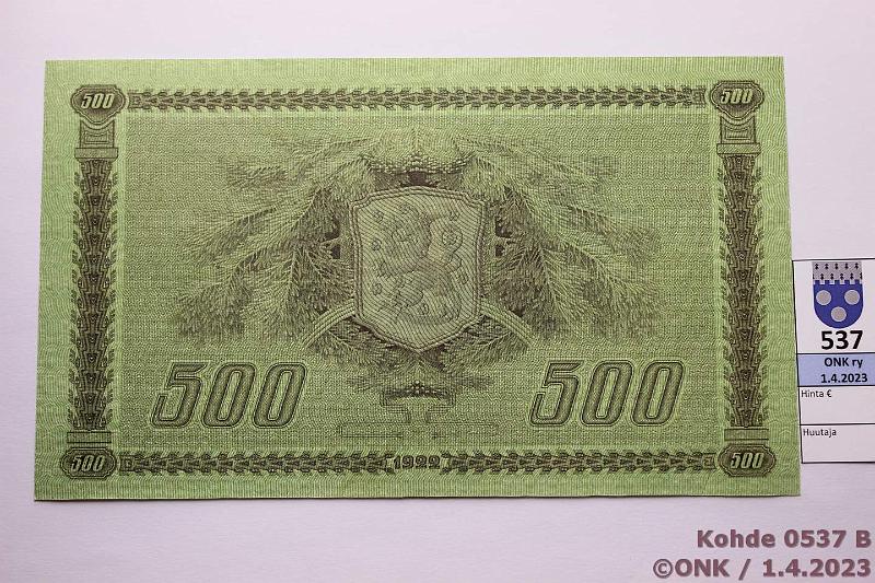 k-0537-b.jpg - Kohde 537 (kuva 2/2), l�ht�hinta: 70 &euro; / myyntihinta: 90 &euro; 500 mk 1922 LC t3 SNY 189.3.3 L522328 RAI-AAs, kova paperi, hyv�t reunat, korjattu viilto, kunto: 5