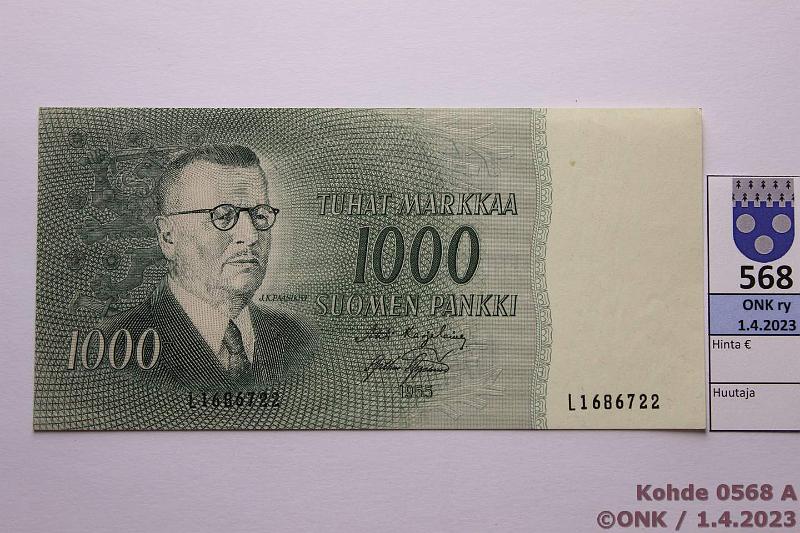 k-0568-a.jpg - Kohde 568 (kuva 1/2), lhthinta: 60 € / myyntihinta: 64 € 1000 mk 1955 SNY 200.1.1 L1686722 KA I-AAs, kunto: 9