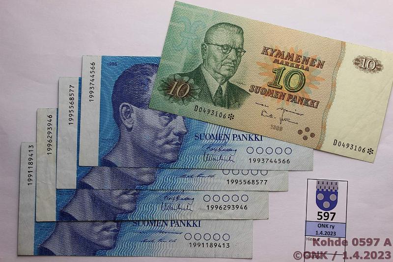k-0597-a.jpg - Kohde 597, lhthinta: 5 € / myyntihinta: 9 € 10 mk 1980-86 (5) -80 D*; -86 sarjat 991, 993, 995 ja 996, korvaavia, kunto: 4-5