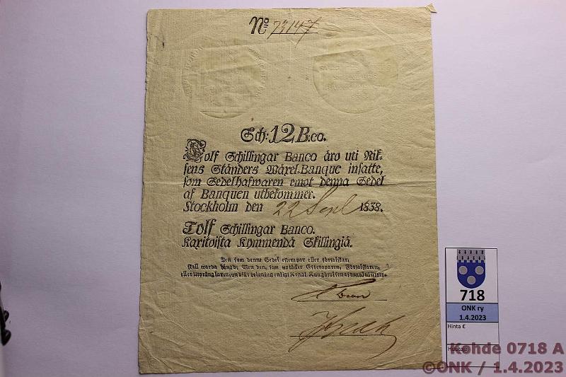 k-0718-a.jpg - Kohde 718 (kuva 1/2), lhthinta: 50 € / myyntihinta: 52 € Ruotsi 12 sk Banco 1838 P#A101b Km takasivulla, kunto: 5
