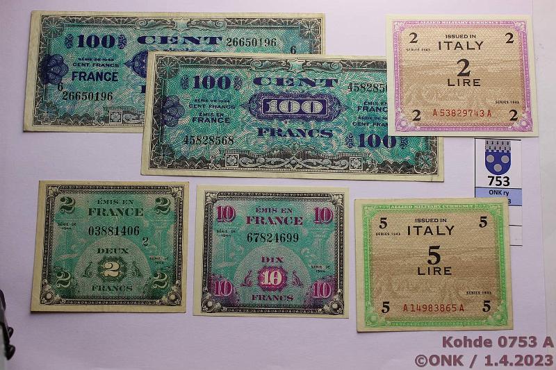 k-0753-a.jpg - Kohde 753, lhthinta: 30 € / myyntihinta: 40 € Liittoutuneiden miehityssetelit (6) 1943-44 Italia 1 ja 2 lira 1943 P#M11, 12b; Ranska 2, 10, 100(2) fr 1944 P#114b, 116a, 118a, 123c, kunto: 5-9
