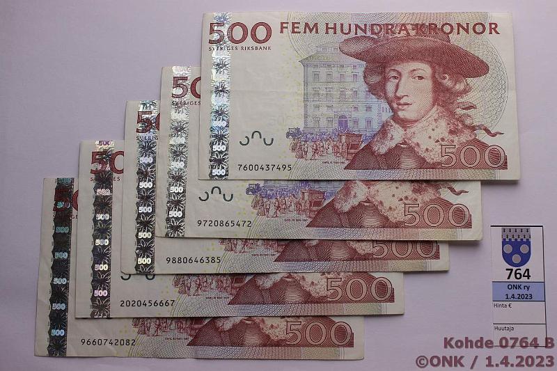 k-0764-b.jpg - Kohde 764 (kuva 2/2), lhthinta: 40 € / myyntihinta: 95 € Ruotsi 500 + 1000 kr (10) 1989-2001 500 kr 2007, -09(3), -12; 1000 kr 1989(3), -91(2), kunto: 4-5