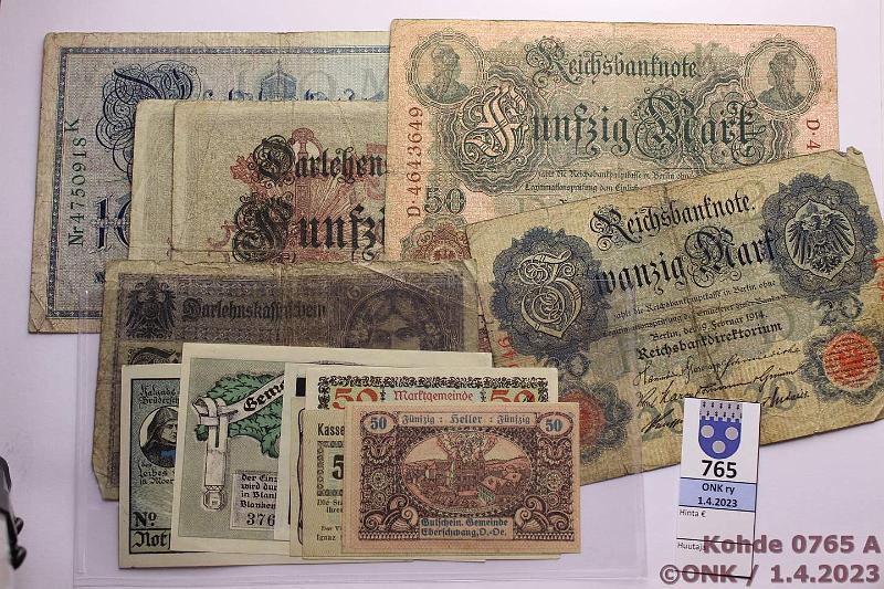 k-0765-a.jpg - Kohde 765, l�ht�hinta: 5 &euro; / myyntihinta: 13 &euro; Saksa + It�valta (13) 1908-21 Saksa 5, 20, 50(3), 100 mark 1908-17 (kl 2-3). + h�t�rahat (kl 8-9): 10pf Bernstadt, 25pf B�nningstedt, 50pf Blankenese, 1mk B�el. It�valta: 50 h 1920 (Eberschwang, Gm�nd, Steiermark), kunto: 2-9