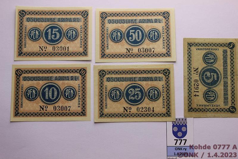 k-0777-a.jpg - Kohde 777, l�ht�hinta: 10 &euro; / myyntihinta: 11 &euro; Osuusliike Arina 5 - 50 p (5) 5 (kl3), 10, 15, 25 ja 50p kiert�m�tt�mi�, kunto: 3, 9