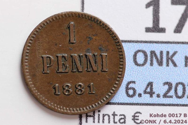 k-0017-b.jpg - Kohde 17 (kuva 2/2), lhthinta: 25 € / myyntihinta: 27 € 1 p 1881 Phpja, kunto: 6/5