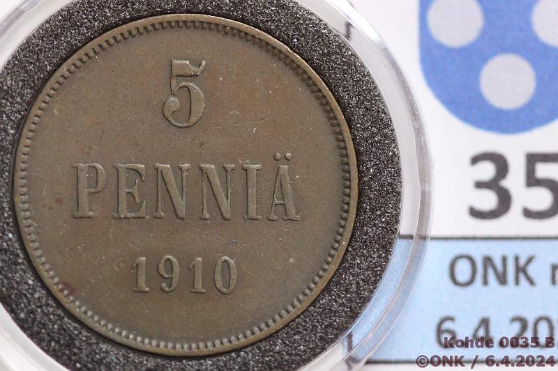k-0035-b.jpg - Kohde 35 (kuva 2/2), lhthinta: 20 € / myyntihinta: 36 € 5 p 1910 Kapselissa, kunto: 4/5