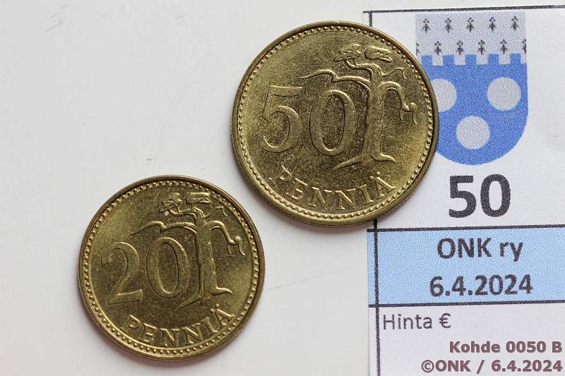 k-0050-b.jpg - Kohde 50 (kuva 2/2), lhthinta: 5 € / ei tarjouksia 20 + 50 p 1989 Molemmissa selv kaksoisrengas ulkokehll, kunto: 9