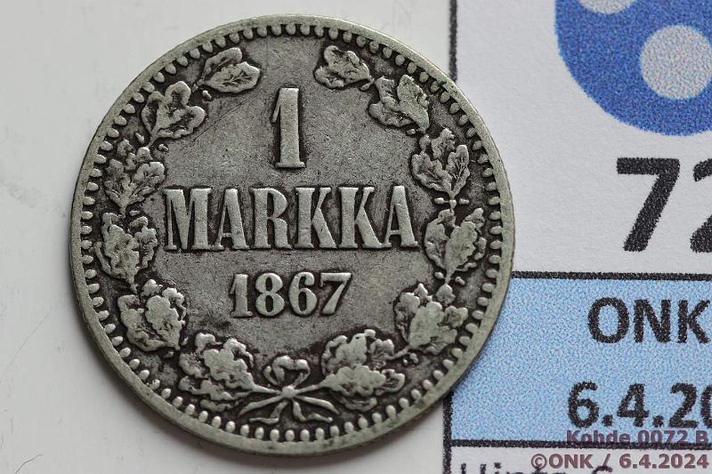k-0072-b.jpg - Kohde 72 (kuva 2/2), lhthinta: 15 € / myyntihinta: 18 € 1 mk 1867 Ag, SNY 400.1.1, kunto: 3