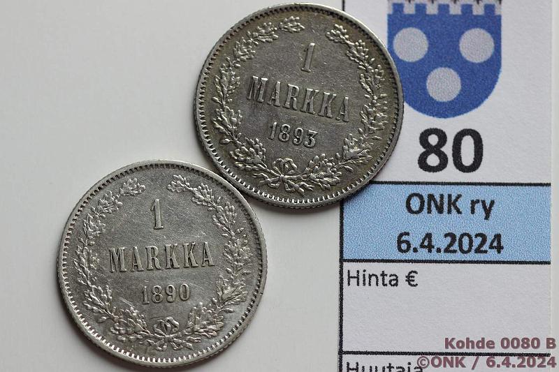 k-0080-b.jpg - Kohde 80 (kuva 2/2), lhthinta: 35 € / myyntihinta: 35 € 1 mk 1890, -93 Ag, hnja, hyvt kpl:t!, kunto: 7, 6