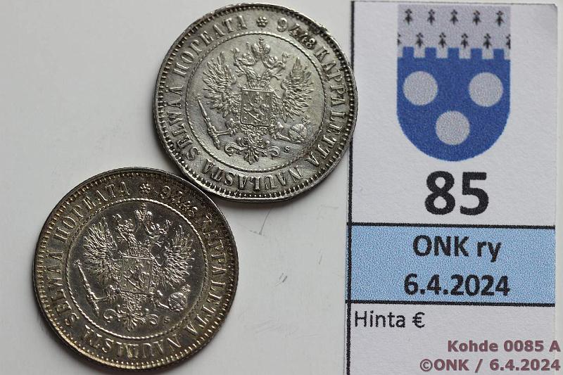 k-0085-a.jpg - Kohde 85 (kuva 1/2), lhthinta: 12 € / myyntihinta: 12 € 1 mk 1915 (2) Ag, toisessa rvja, kunto: 6, 8