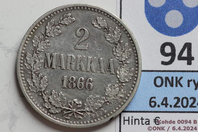 k-0094-b.jpg - Kohde 94 (kuva 2/2), lhthinta: 40 € / myyntihinta: 40 € 2 mk 1866 Ag, SNY 494.1.2, kunto: 5/6
