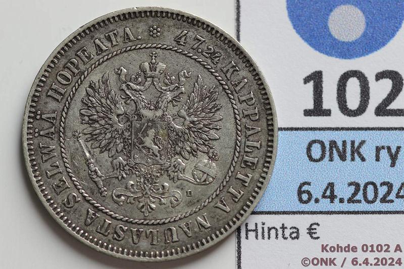 k-0102-a.jpg - Kohde 102 (kuva 1/2), lhthinta: 150 € / myyntihinta: 205 € 2 mk 1905 Ag, kunto: 5