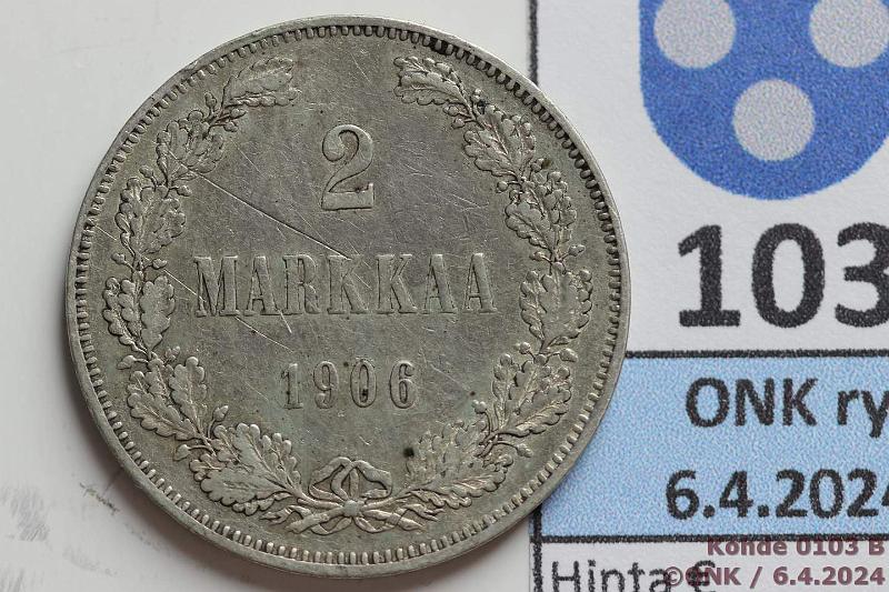 k-0103-b.jpg - Kohde 103 (kuva 2/2), lhthinta: 20 € / ei tarjouksia 2 mk 1906 Ag, SNY 500.1.1.1, pitk /, naarmu, kunto: 5/6