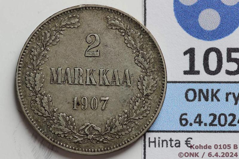 k-0105-b.jpg - Kohde 105 (kuva 2/2), lhthinta: 12 € / myyntihinta: 19 € 2 mk 1907 Ag, kunto: 5