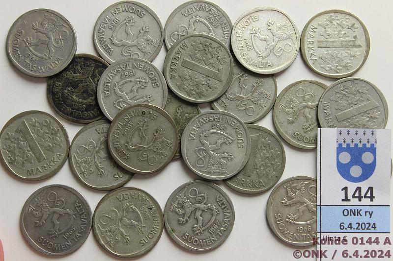 k-0144-a.jpg - Kohde 144, lhthinta: 15 € / myyntihinta: 25 € 1 mk (22) 1964(5), -65(7), -66(4), -67(4), -68(2) Ag, kunto: 4-7