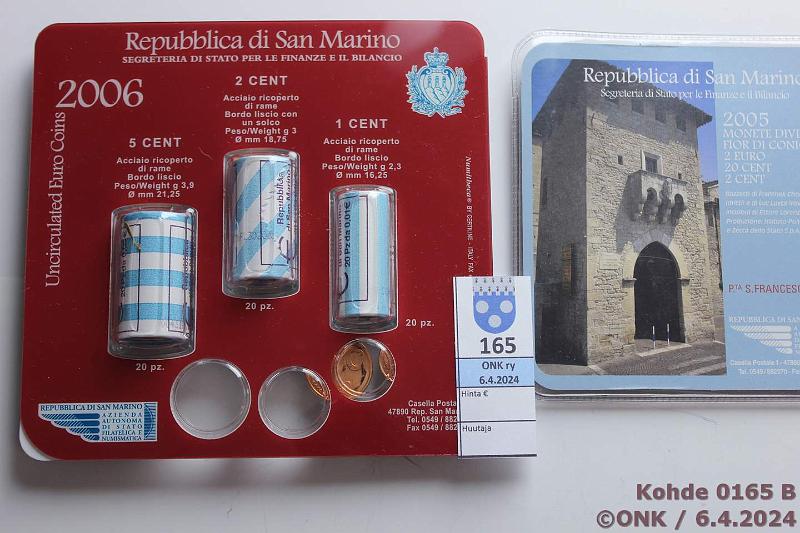 k-0165-b.jpg - Kohde 165 (kuva 2/2), lhthinta: 30 € / ei tarjouksia 1 - 2 € 2005, -06 San Marino, 2005 2+20c+2€ kortissa; 2006 1+2+5 c minirullat (20kpl/rll) ja 1+2+5c kortissa, joka auki alareunasta, kunto: 9