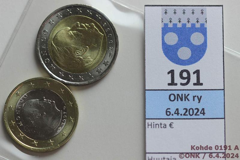 k-0191-a.jpg - Kohde 191 (kuva 1/2), lhthinta: 20 € / myyntihinta: 20 € 1 + 2 € 2007, -03 Monaco, 1€ 2007 Albert, 2€ -03 Rainier, kunto: 9