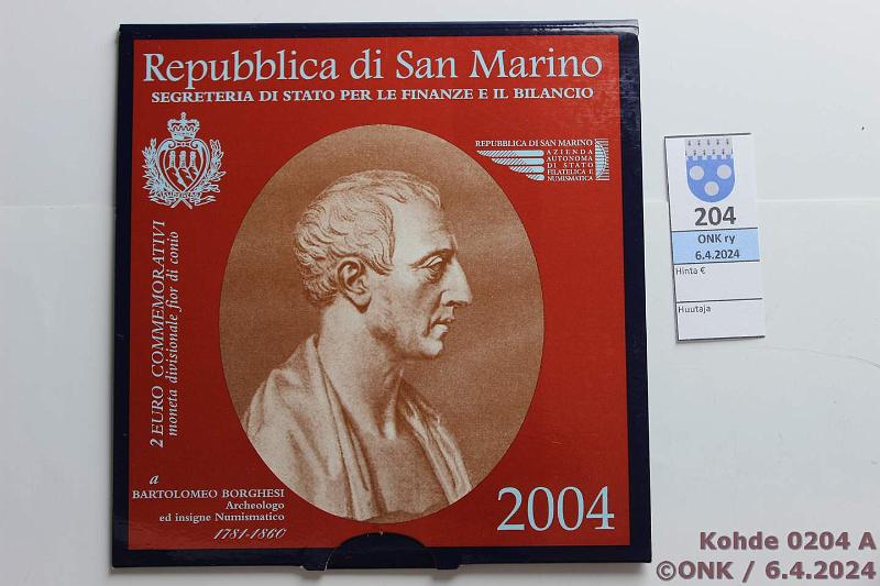 k-0204-a.jpg - Kohde 204 (kuva 1/2), lhthinta: 20 € / myyntihinta: 72 € 2 € 2004 San Marino kansissa, Borghesi, kunto: 9