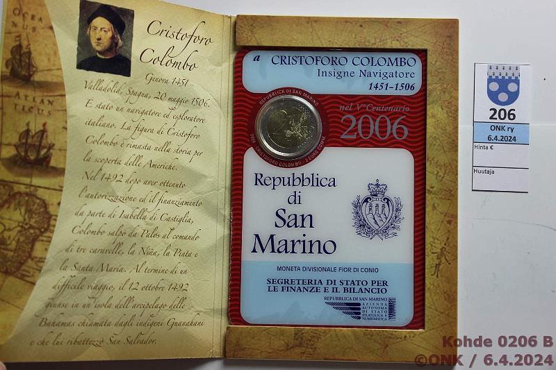 k-0206-b.jpg - Kohde 206 (kuva 2/2), lhthinta: 20 € / myyntihinta: 56 € 2 € 2006 San Marino kansissa, Kolumbus, kunto: 9