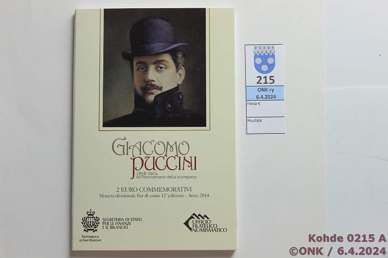 k-0215-a.jpg - Kohde 215 (kuva 1/2), lhthinta: 20 € / myyntihinta: 20 € 2 € 2014 San Marino kansissa, Puccini, kunto: 9