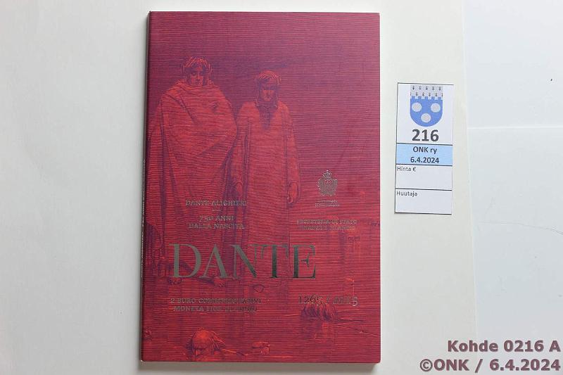 k-0216-a.jpg - Kohde 216 (kuva 1/2), lhthinta: 20 € / myyntihinta: 20 € 2 € 2015 San Marino kansissa, Dante, kunto: 9
