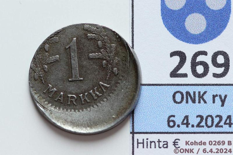 k-0269-b.jpg - Kohde 269 (kuva 2/2), lhthinta: 10 € / myyntihinta: 26 € 1 mk 1950 Fe, reilusti sivuunlyty, kunto: 5