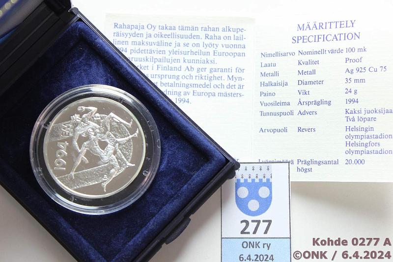 k-0277-a.jpg - Kohde 277, l�ht�hinta: 10 &euro; / myyntihinta: 17 &euro; 100 mk 1994 Ag, Proof, EM, laatikko+tod, kunto: 10