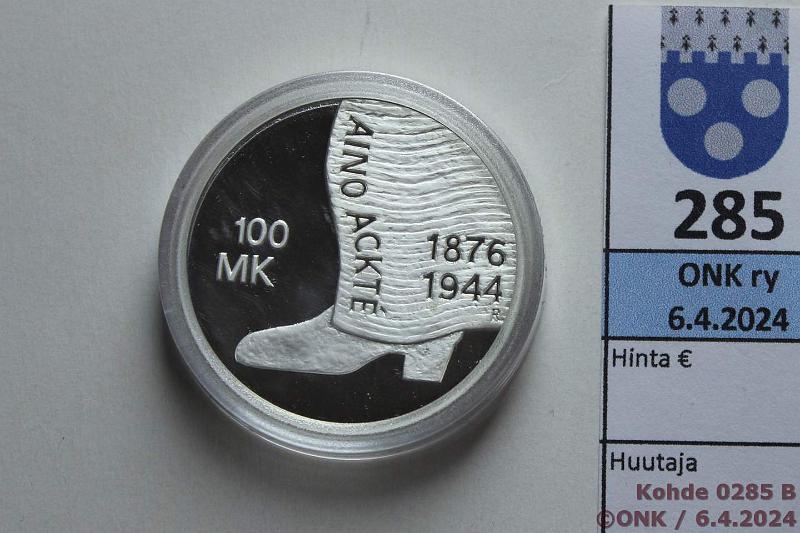 k-0285-b.jpg - Kohde 285 (kuva 2/2), lhthinta: 20 € / ei tarjouksia 100 mk 2001 Ag, Proof, Ackt, kaps, kunto: 10