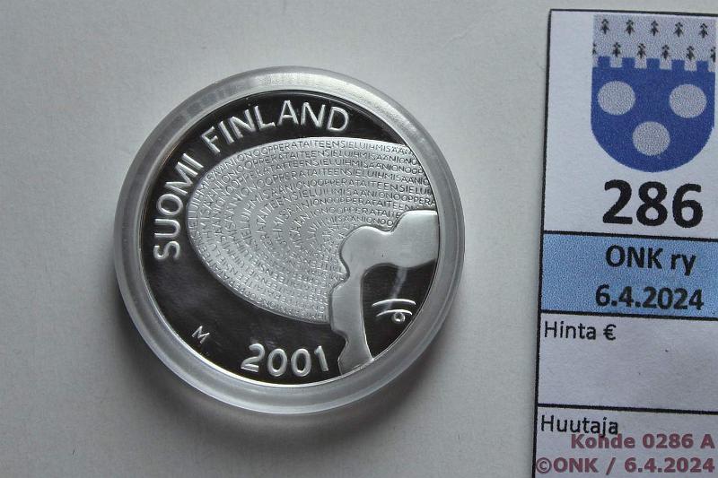k-0286-a.jpg - Kohde 286 (kuva 1/2), lhthinta: 20 € / myyntihinta: 20 € 100 mk 2001 Ag, Proof, Ackt, kaps, kunto: 10