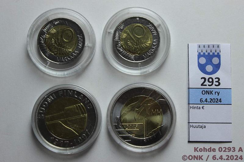 k-0293-a.jpg - Kohde 293, lhthinta: 15 € / ei tarjouksia 10 + 25 mk, 5 € 1999-2005 (4) Bimet, 10mk 1999 liekinpuhaltaja(2); 25mk -97 Itsenisyys; 5€ 2005 MM, kaps, kunto: 9