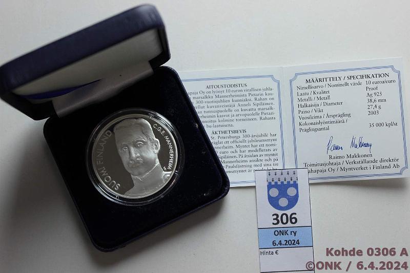 k-0306-a.jpg - Kohde 306, l�ht�hinta: 15 &euro; / myyntihinta: 16 &euro; 10 &euro; 2003 Ag, Proof, Mannerheim, kotelo, +tod, kunto: 10