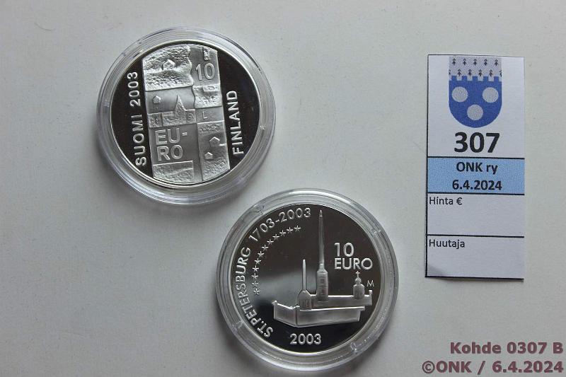 k-0307-b.jpg - Kohde 307 (kuva 2/2), l�ht�hinta: 25 &euro; / myyntihinta: 32 &euro; 10 &euro; (2) 2003 Ag, Proof, Mannerheim ja Chydenius, kaps, kunto: 10
