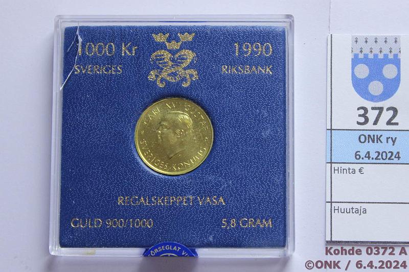k-0372-a.jpg - Kohde 372 (kuva 1/2), lhthinta: 280 € / myyntihinta: 325 € Ruotsi 1000 kr 1990 KM#876 Au,  5,8g/900 , kaps, kulmassa sr, kunto: 9