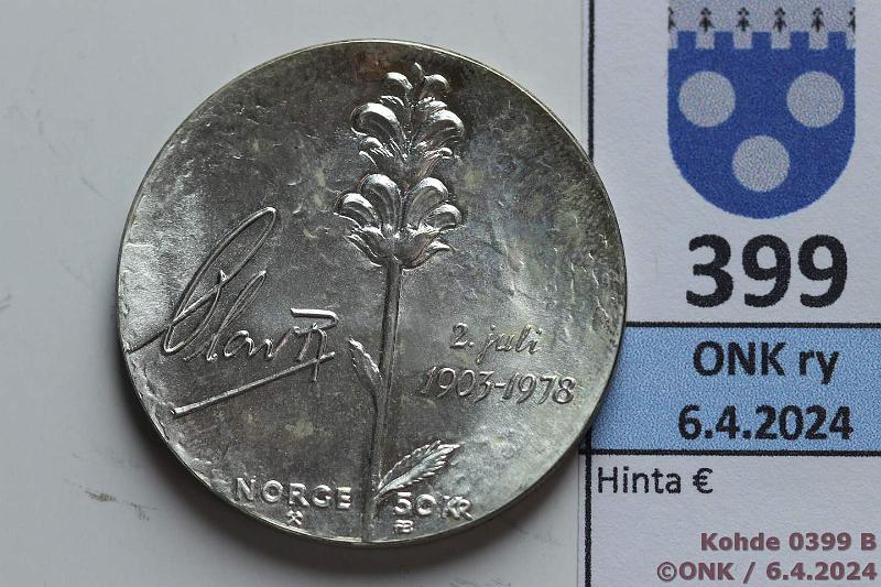 k-0399-b.jpg - Kohde 399 (kuva 2/2), l�ht�hinta: 10 &euro; / myyntihinta: 13 &euro; Norja 50 kr 1978 KM#424 Ag, 27g/925, hieman patinaa, kunto: 9