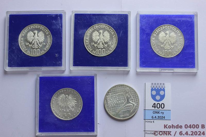 k-0400-b.jpg - Kohde 400 (kuva 2/2), l�ht�hinta: 30 &euro; / myyntihinta: 35 &euro; Puola 50 - 200 zl (5) 1972-82 KM#66, 76-78, 130 Ag, 50z-72, kasetissa; 100z-75, 3 eril kaseteissa; 200z-82. Yht. 53,66g puhdasta hopeaa, kunto: 8-10