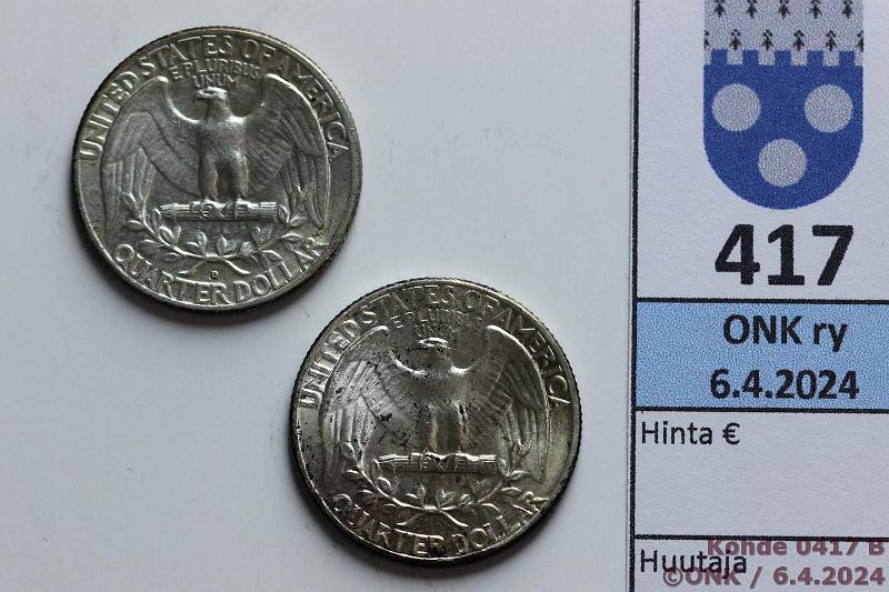 k-0417-b.jpg - Kohde 417 (kuva 2/2), l�ht�hinta: 5 &euro; / myyntihinta: 5 &euro; USA � $ (2) 1963d, -64 KM#164 Ag, 2 x 6,25g/900, Washington Silver Quarter, hieman patinaa, hyv� kunto!, kunto: 8, 9