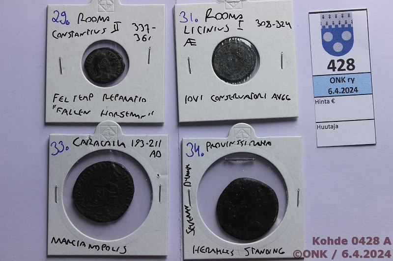 k-0428-a.jpg - Kohde 428 (kuva 1/2), lhthinta: 10 € / myyntihinta: 12 € Antiikin rahat (4) n. 200-300 AD Br, Rooma Constantinus II, Licinius I, Caracalla, kunto: 3, 4