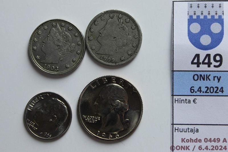 k-0449-a.jpg - Kohde 449 (kuva 1/2), l�ht�hinta: 5 &euro; / ei tarjouksia USA 5 c -1/4d (4) 1903-66 KM#112, 164, 195a CuNi, 5c -03, -09 Liberty Nickel; 1dime -66 prooflike; �$ -66 prooflike, kunto: 7, 4, 10, 10