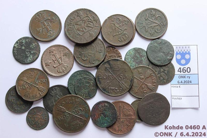 k-0460-a.jpg - Kohde 460, l�ht�hinta: 6 &euro; / myyntihinta: 34 &euro; Er� Ruotsi (25) 1666-1840 Cu, 1/6� 1666, -83, kaksi tunnistamatonta; 1� 1732, -44, -48, -50, -58, -60, -61, -69(3); 2� 1749, -59, -65; 6� Kopparbergsl pollet 1791; �sk 1802, -25, tunnistamaton; 1/3sk 1840; 1/12sk 1805(2); ? 1772. Osa puhd., kunto: 1-5