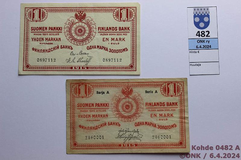 k-0482-a.jpg - Kohde 482 (kuva 1/2), l�ht�hinta: 10 &euro; / ei tarjouksia 1 mk 1915 ei-Srj, SA SNY 111.1+.2, j�lkimm�isess� v�rj�ym��, kunto: 5, 4