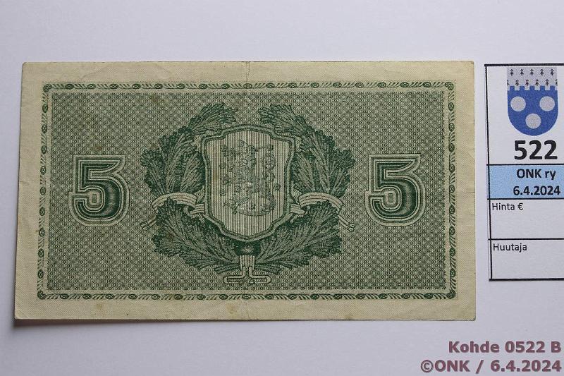 k-0522-b.jpg - Kohde 522 (kuva 2/2), lhthinta: 10 € / myyntihinta: 18 € 5 mk 1922 SNY 132.1 P0891690 GR-Ml, pieni tahra, kunto: 5